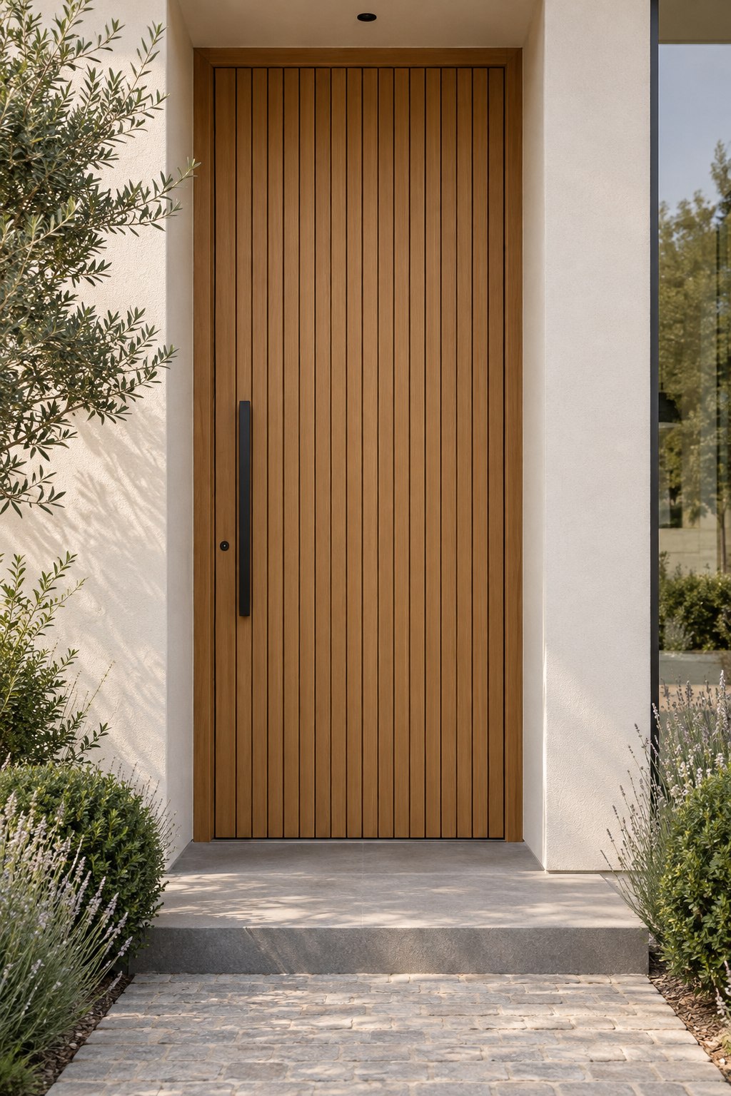 Inspiratiebeeld: Warm met hout. Verticale houtlijnen voor een natuurlijke entree.