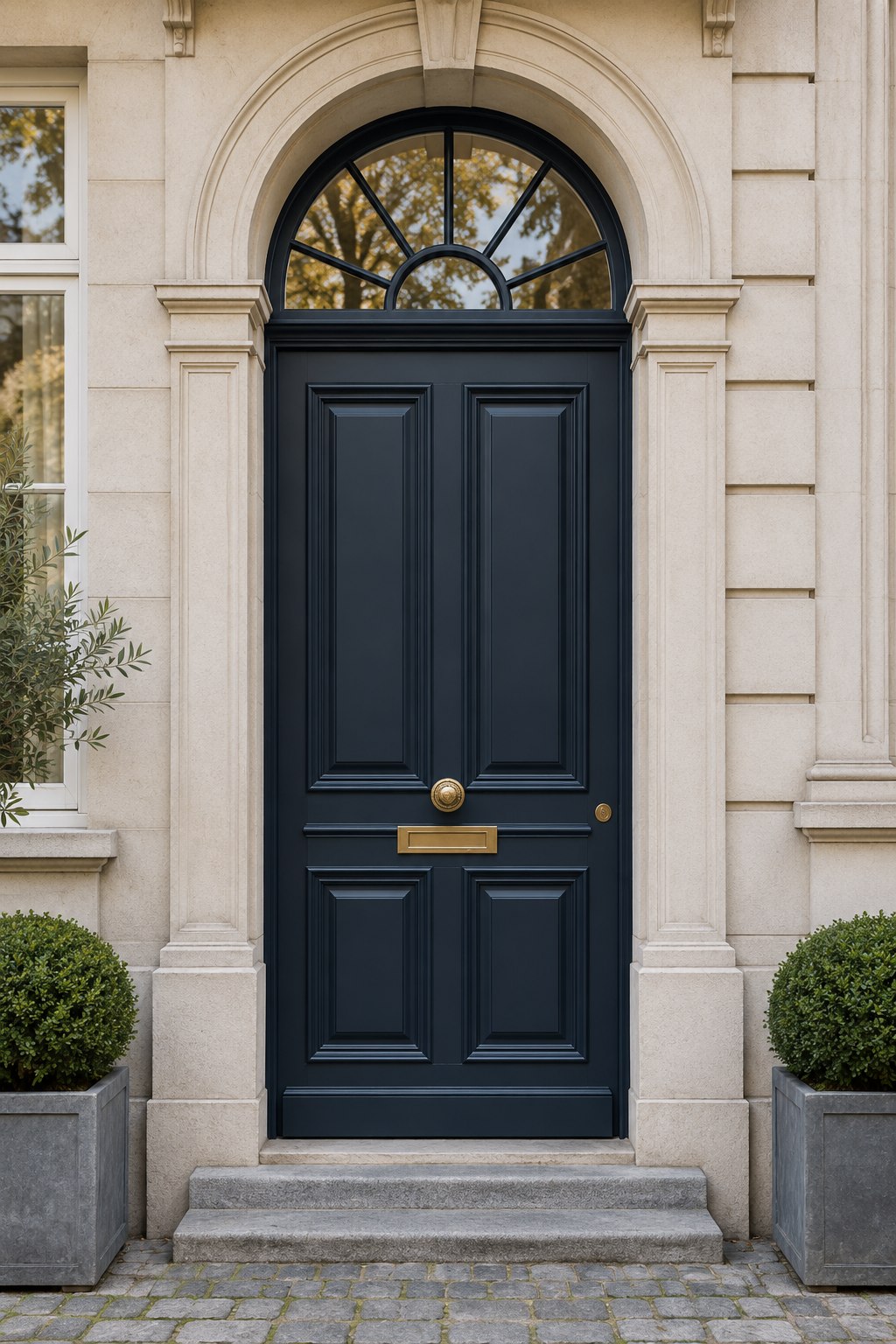 Inspiratiebeeld: Tijdloos donkerblauw. Panelen, een bovenlicht en een karaktervolle omlijsting.
